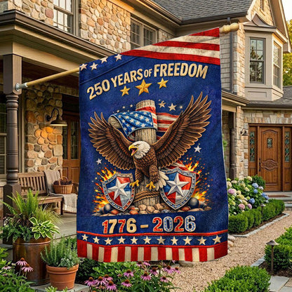 250 Years Of Freedom Garden Flag Eagle Shields Merch Patriotic Outdoor Decor - Printvoro