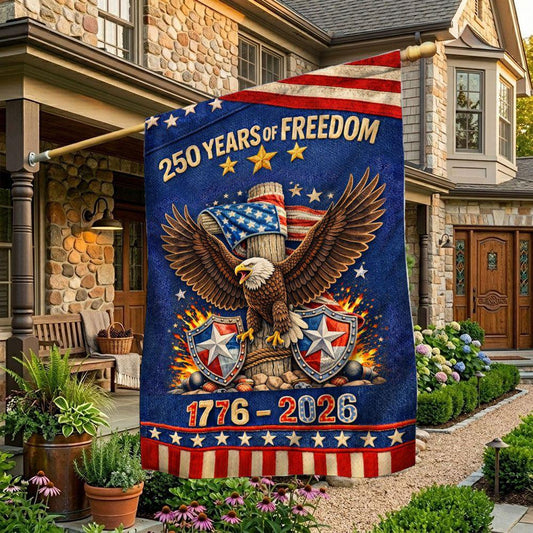 250 Years Of Freedom Garden Flag Eagle Shields Merch Patriotic Outdoor Decor - Printvoro