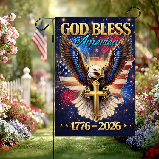 God Bless America Eagle Cross Garden Flag 250th Anniversary Merch Patriotic Decor - Printvoro