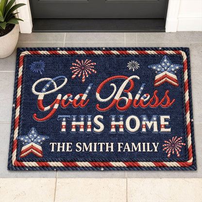 Personalized God Bless This Home Doormat Stars & Stripes Mat Gift For Family - Pvr