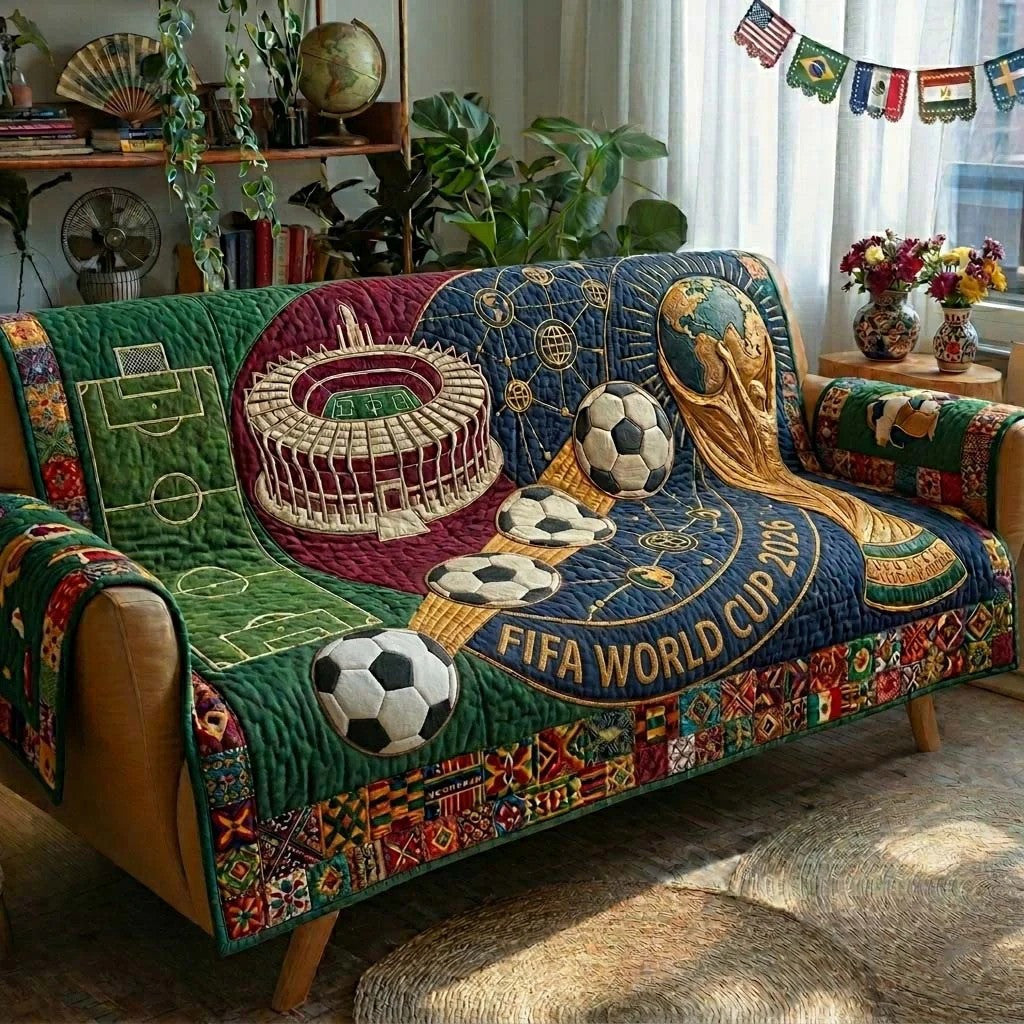 World Cup Quilted Sofa Cover Golden Trophy FIFA 26 Gifts For Football Lovers - Pvr