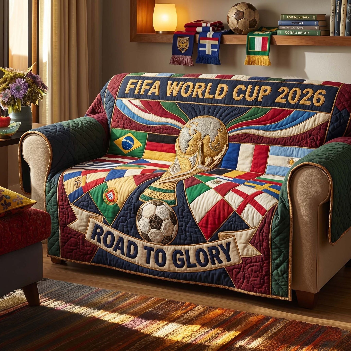 World Cup Quilted Sofa Cover USA Mexico Canada Soccer Gifts For Football Lovers - Pvr