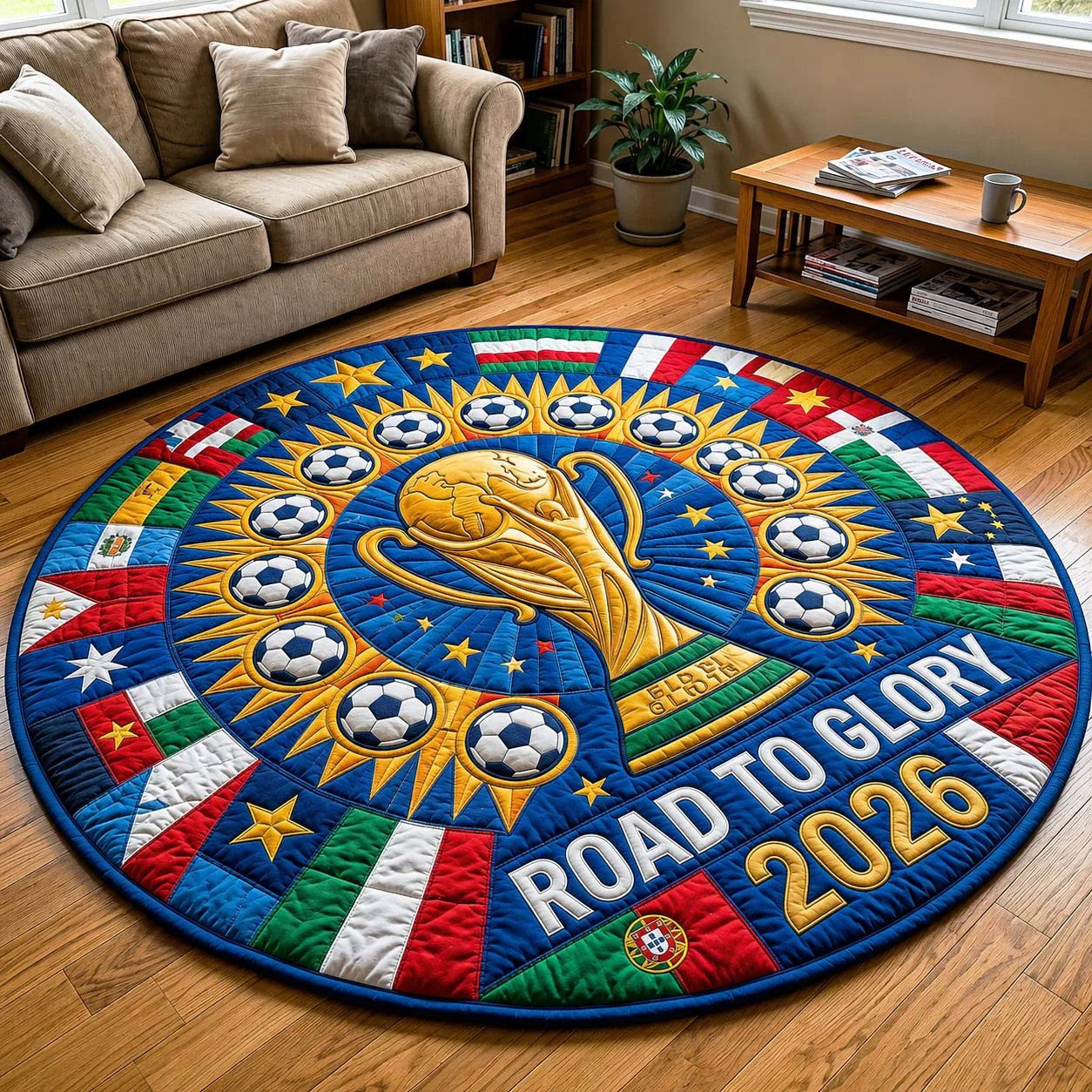 World Cup Quilted Round Mat Soccer Ball Trophy Best Gifts For Family Day - Pvr
