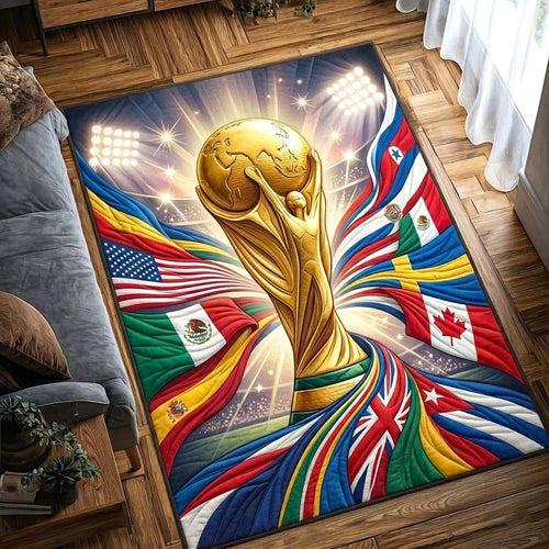 World Cup Quilted Area Rug Golden Soccer Trophy And Ball Gifts For Family Day - Pvr
