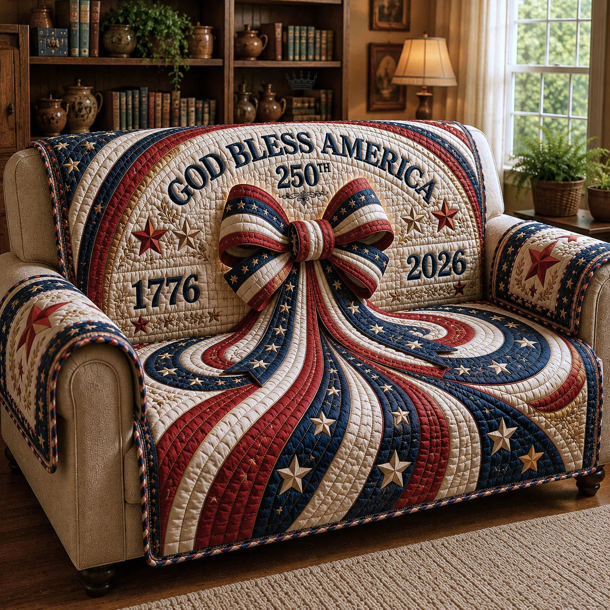 250th Anniversary USA Quilted Sofa Cover God Bless America With Bow Best Gifts For Daddy - Pvr