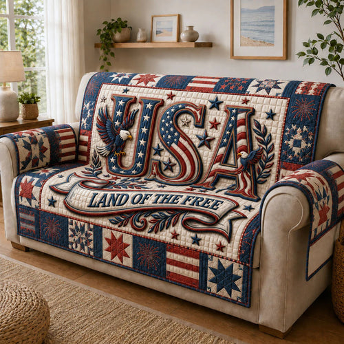 250th Anniversary USA Quilted Sofa Cover Patriotic USA Text & Eagle Best Gifts For Family Day - Pvr
