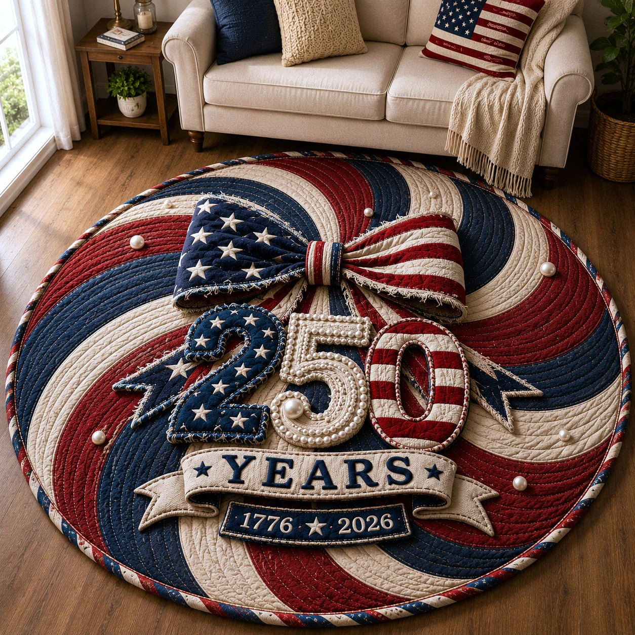 250th Anniversary USA Quilted Round Mat Bow 250 Years With America Flag Gifts For Father's Day - Pvr
