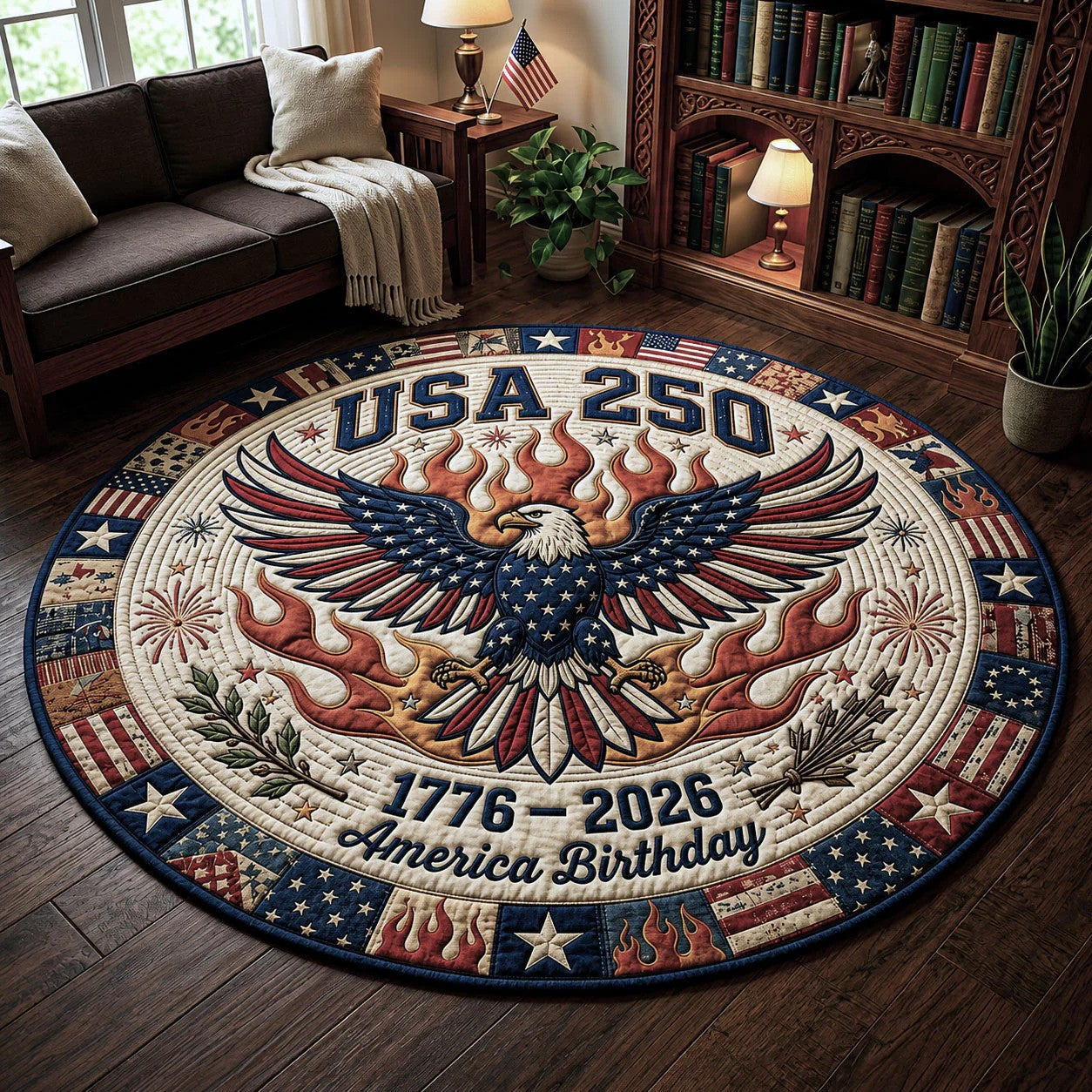 250th Anniversary USA Quilted Round Mat Eagle With Fire America Birthday Best Gifts For Her - Pvr