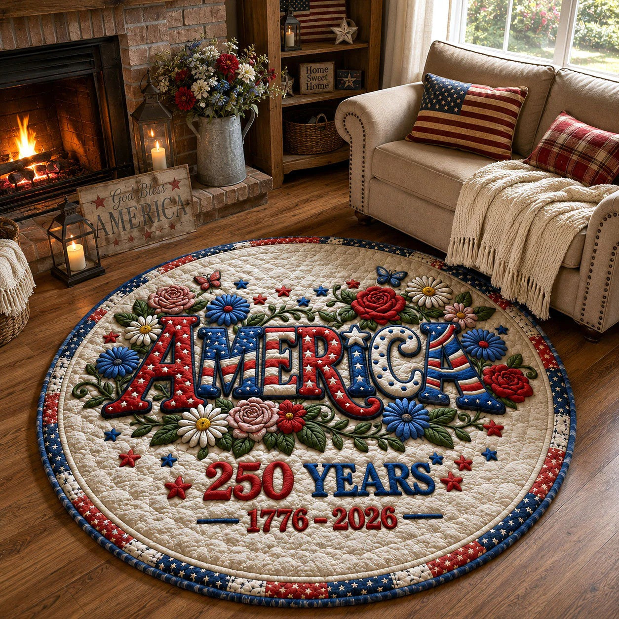 250th Anniversary USA Quilted Round Mat Floral 250 Years America Best Gifts For Father's Day - Pvr