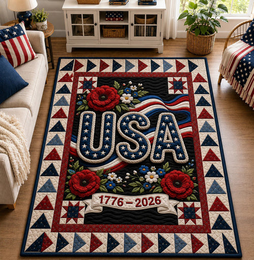 250th Anniversary US Quilted Area Rug USA 1776 2026 With Flowers Best Gifts For Father's Day - Pvr