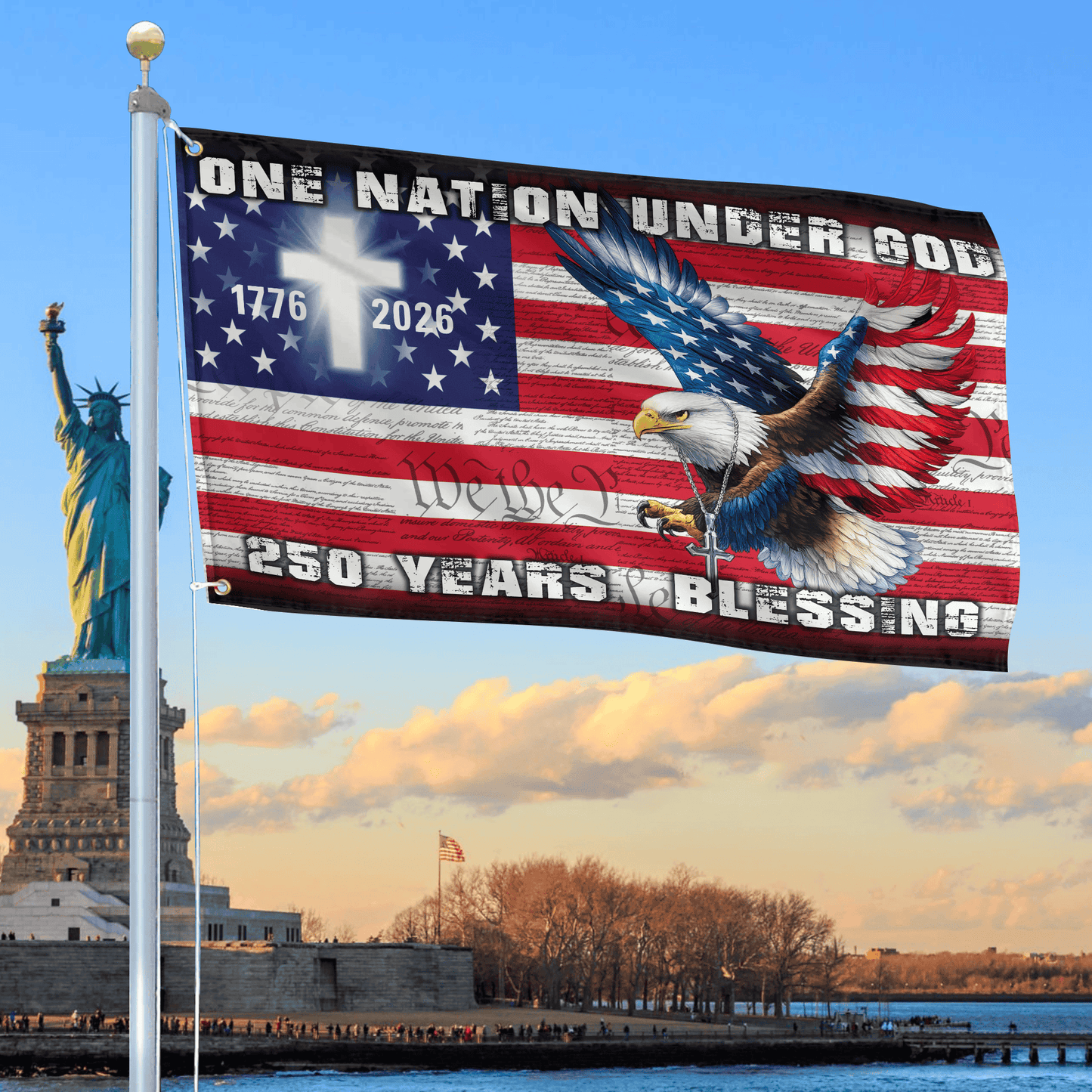 250 Years Blessing Flag Cross Bald Eagle One Nation Under Gpod Merch Patriotic Yard Sign - Printvoro