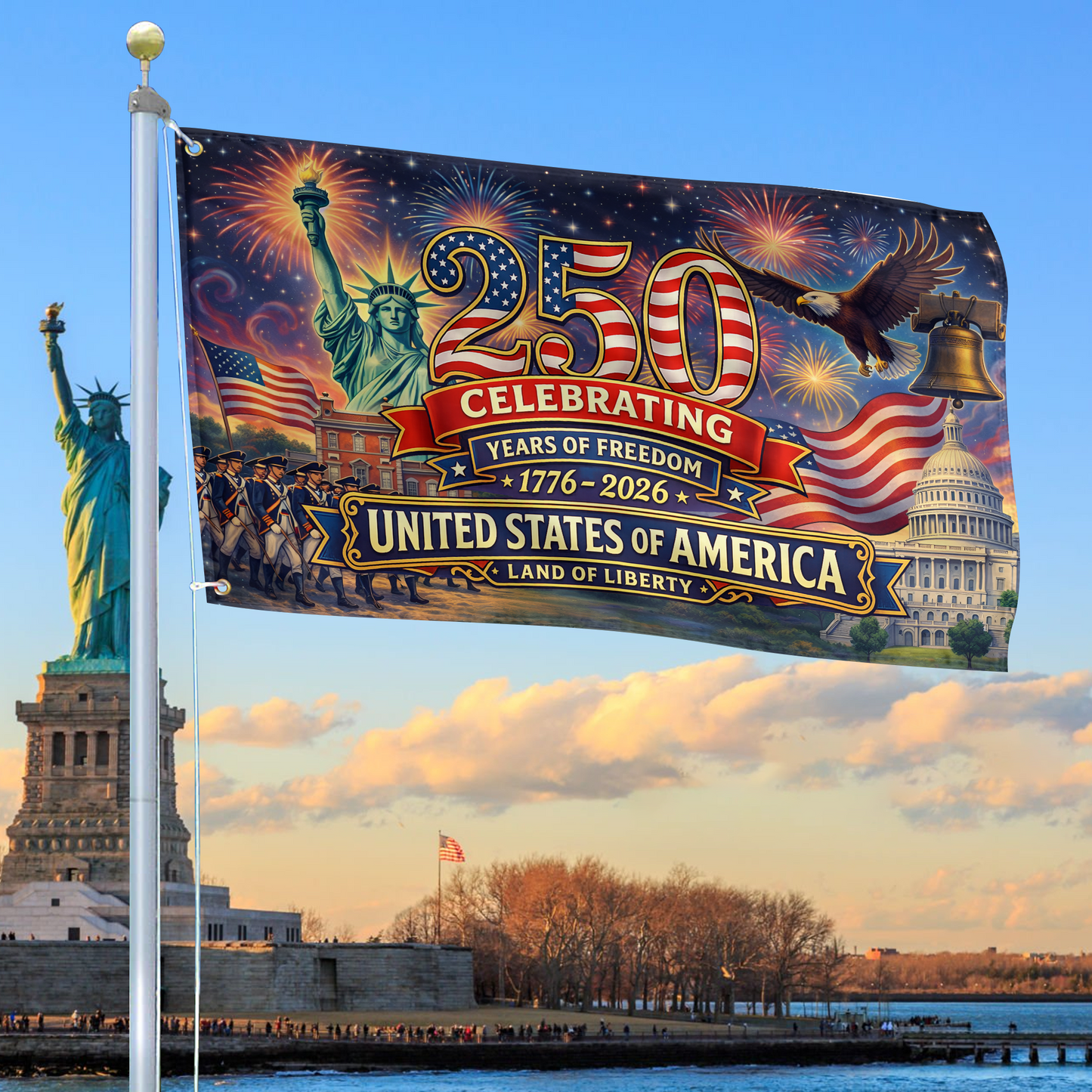 250 Years Of Defending Liberty Flag 1776 2026 Land Of The Free Merch Patriotic Yard Decor - Printvoro
