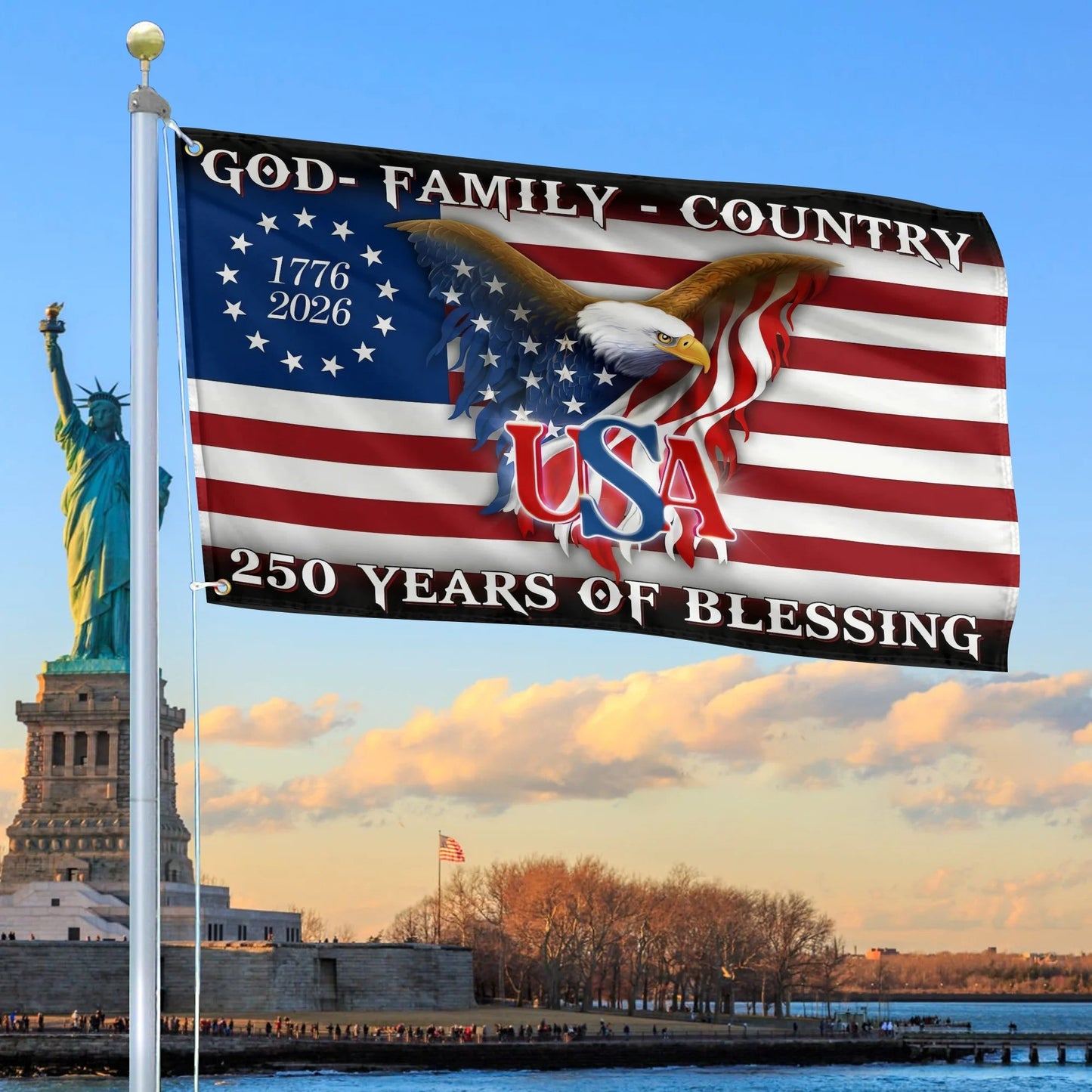 Bald Eagle 250 Years Of Blessing Flag 1776 2026 Merch Outdoor Decor - Printvoro