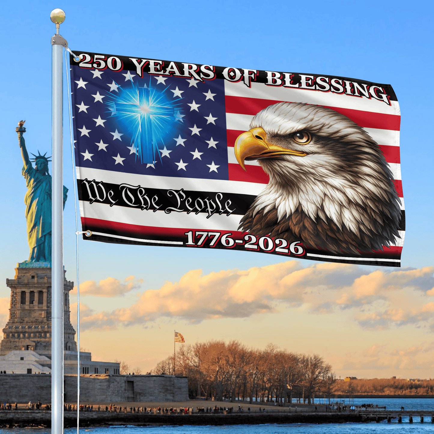 Bald Eagle 250 Years Of Blessing Flag Cross 1776 2026 Merch Patriotic Lawn Decor - Printvoro