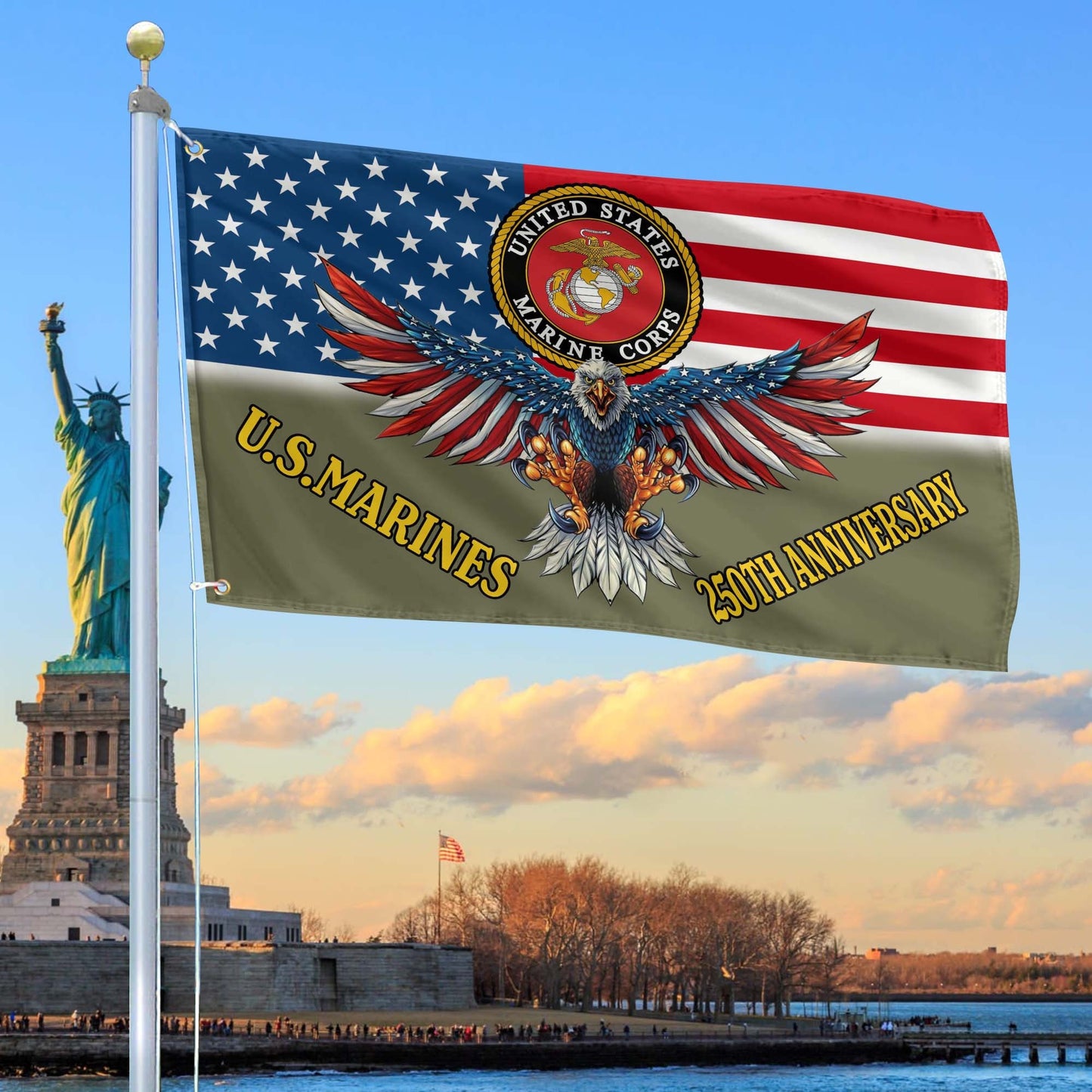 US Marines USA 250 Years Of Defending Liberty Flag Bald Eagle Merch Patriotic Indoor Decor - Printvoro