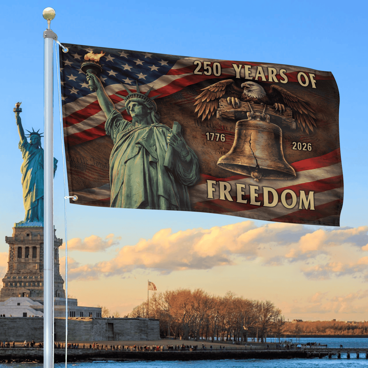 USA 250 Years Of Freedom Flag Statue Of Liberty Bald Eagle Merch Patriotic Yard Decor - Printvoro