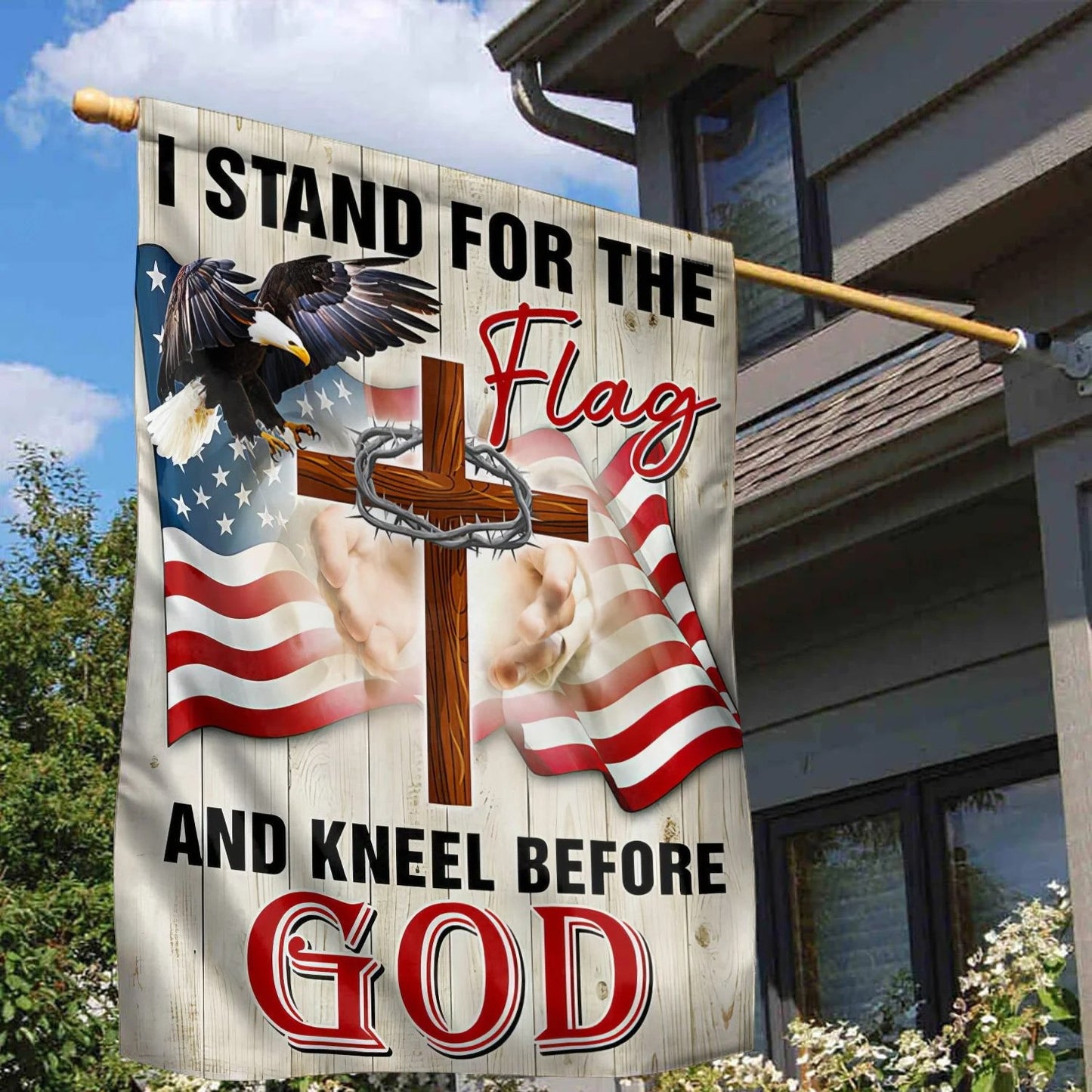 I Stand For The Flag Flag Cross Kneel Before God Merch Patriotic Indoor Decor - Printvoro