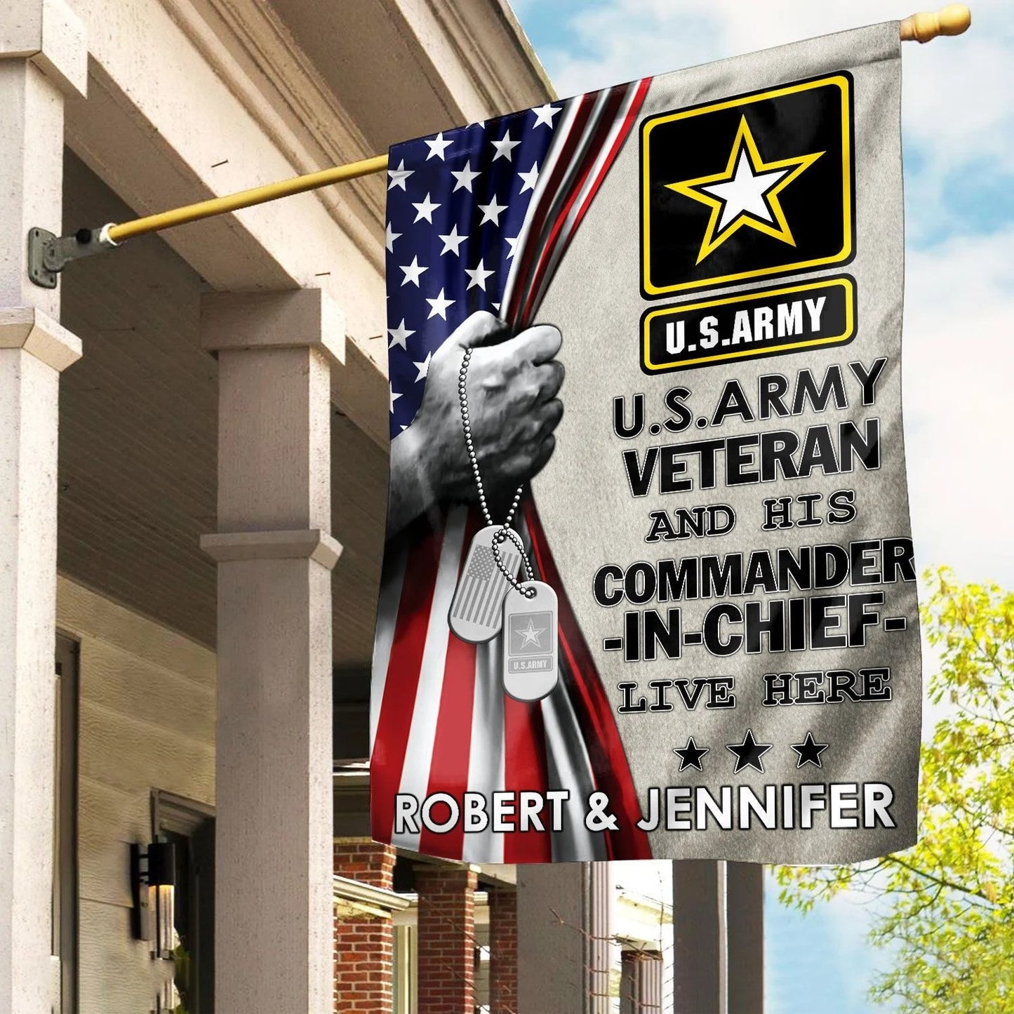 US Army Veteran And His Commander Flag Proud US Military Merch Patriotic Indoor Decor - Printvoro