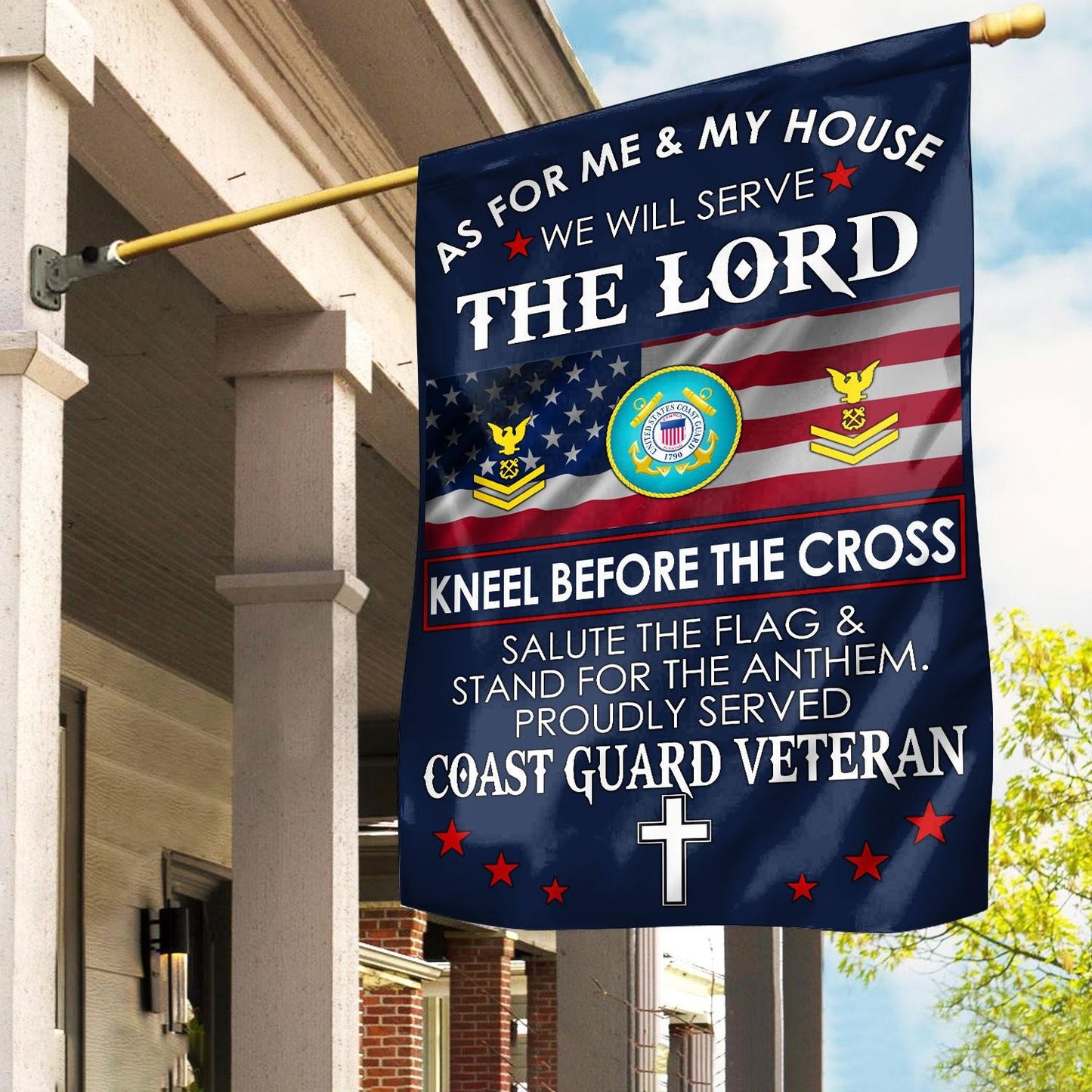 We Will Serve The Lord Flag Cross Freedom Day Merch Patriotic Indoor Decor - Printvoro