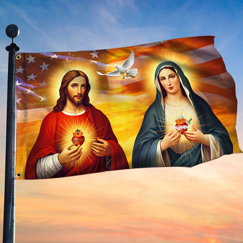 Sacred Heart Of Jesus And Mary American Flag 4Th Of July Outdoor Decor - Pvr