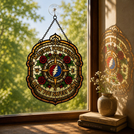 May The Four Winds Blow You Safely Home Stained Glass Suncatcher Vintage Sunshine Window Decor - Pvr