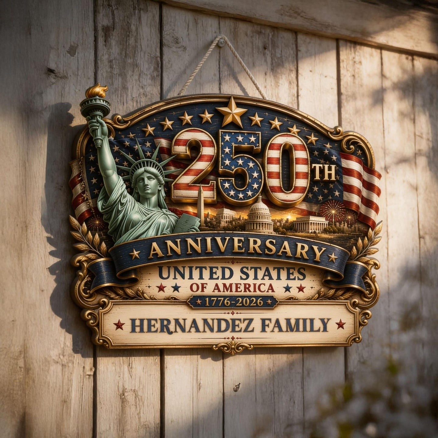 Custom USA 250th Anniversary American Flag Statue Of Liberty Wood Sign Patriotic Home Decor - Pvr