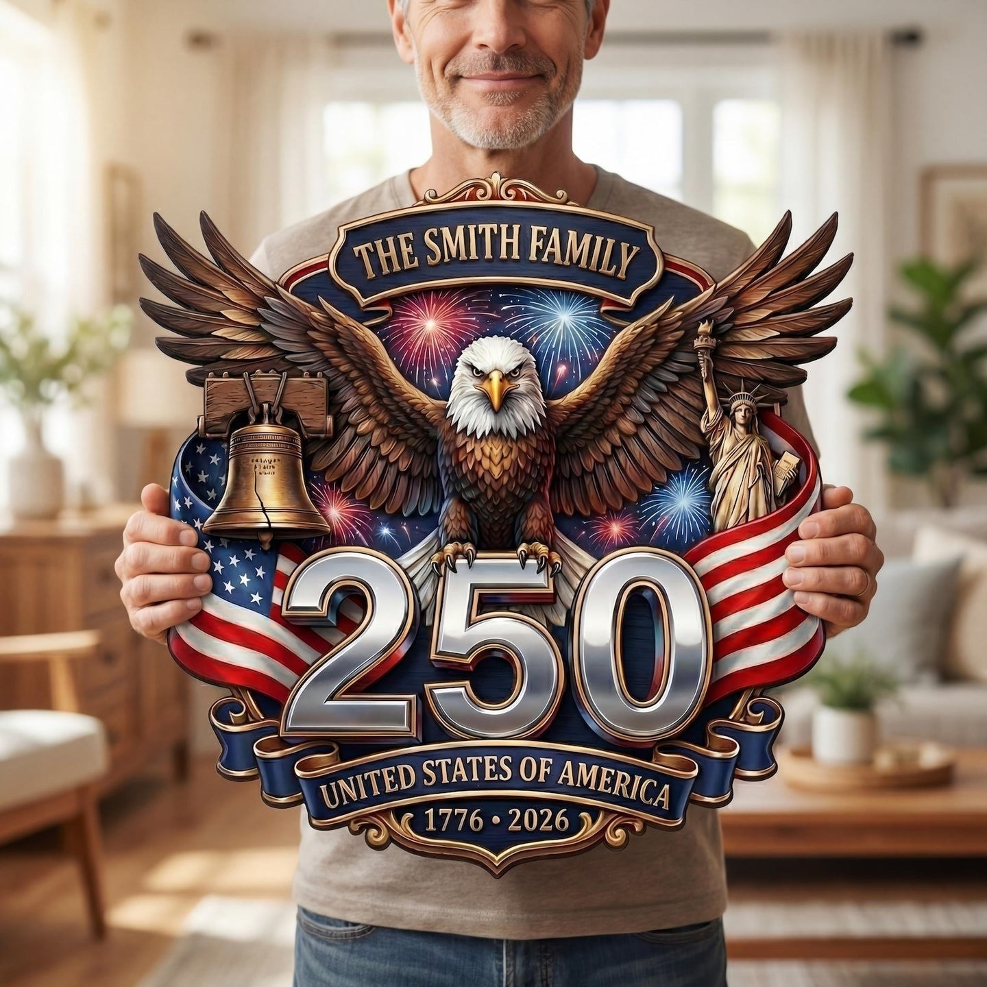 Personalized USA 250th Anniversary Patriotic Eagle Wood Sign US Patriot Merch Gift For Family - Pvr