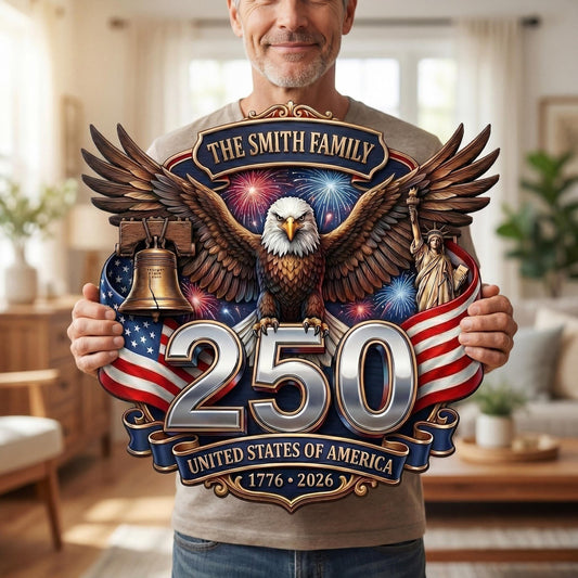 Personalized USA 250th Anniversary Patriotic Eagle Wood Sign US Patriot Merch Gift For Family - Pvr