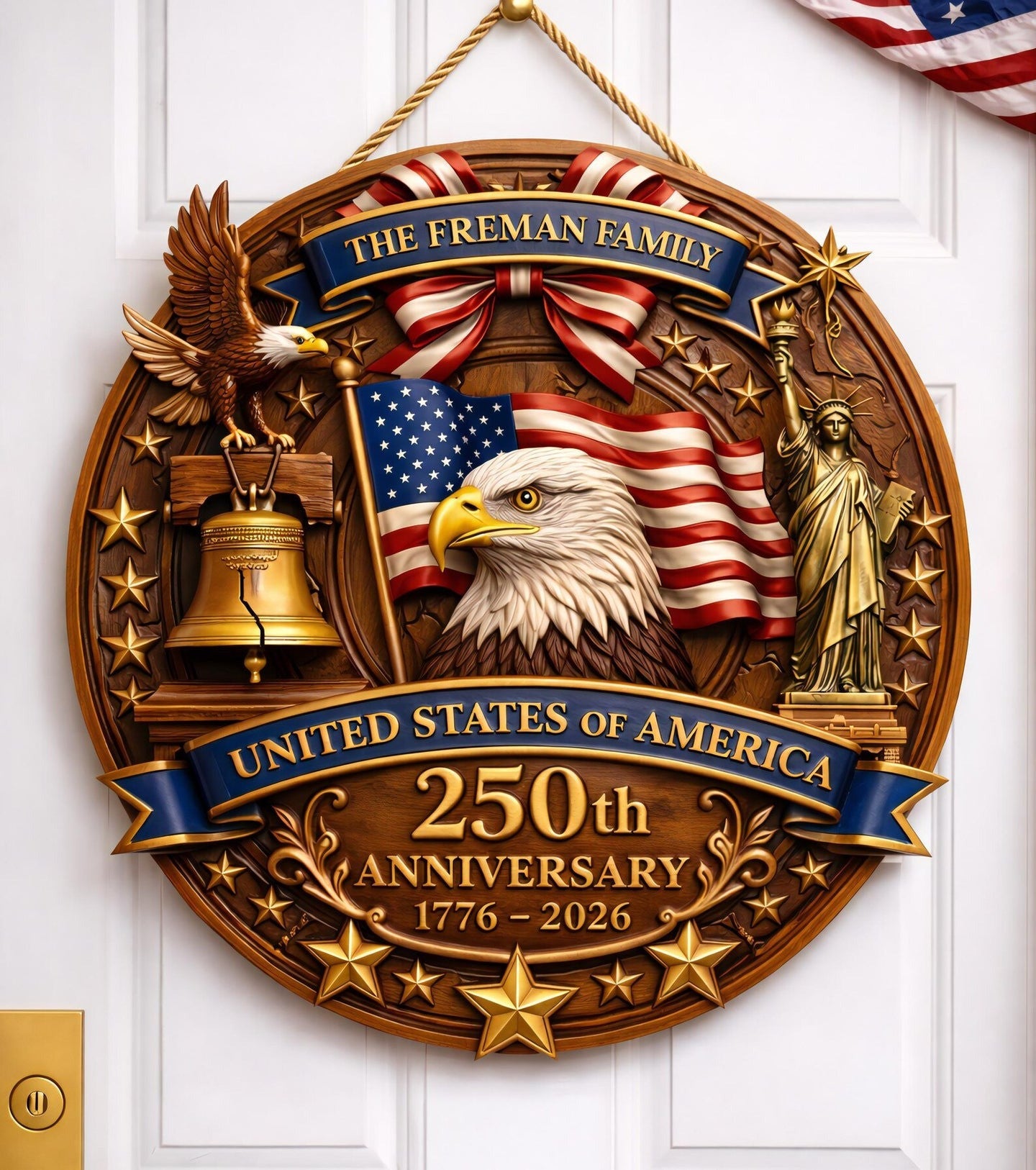 Personalized USA Flag 250th Anniversary Wood Sign Patriotic Eagle Merch Patriotic Family Gifts - Pvr