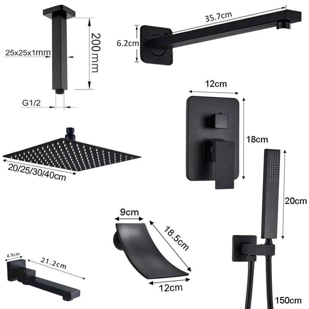 POIQIHY Aura - Matte Black Rainfall Shower System with In-Wall Mixer