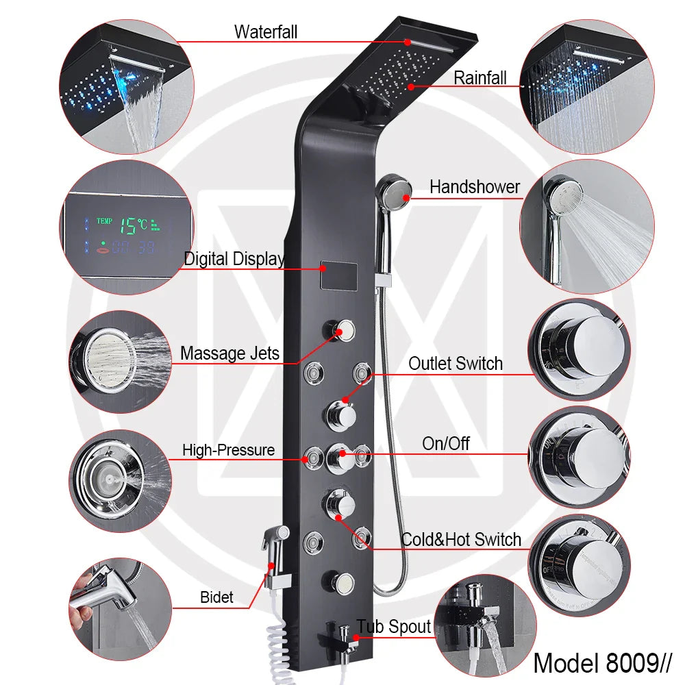 LED Rainfall Shower Panel - Massage Jet Column System