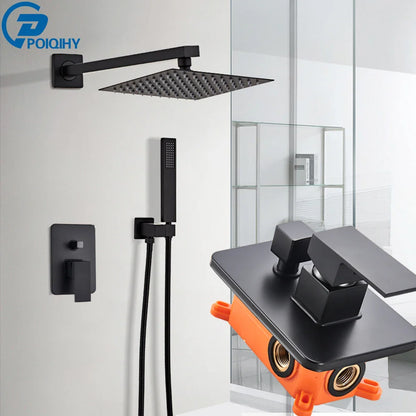 POIQIHY Aura - Matte Black Rainfall Shower System with In-Wall Mixer