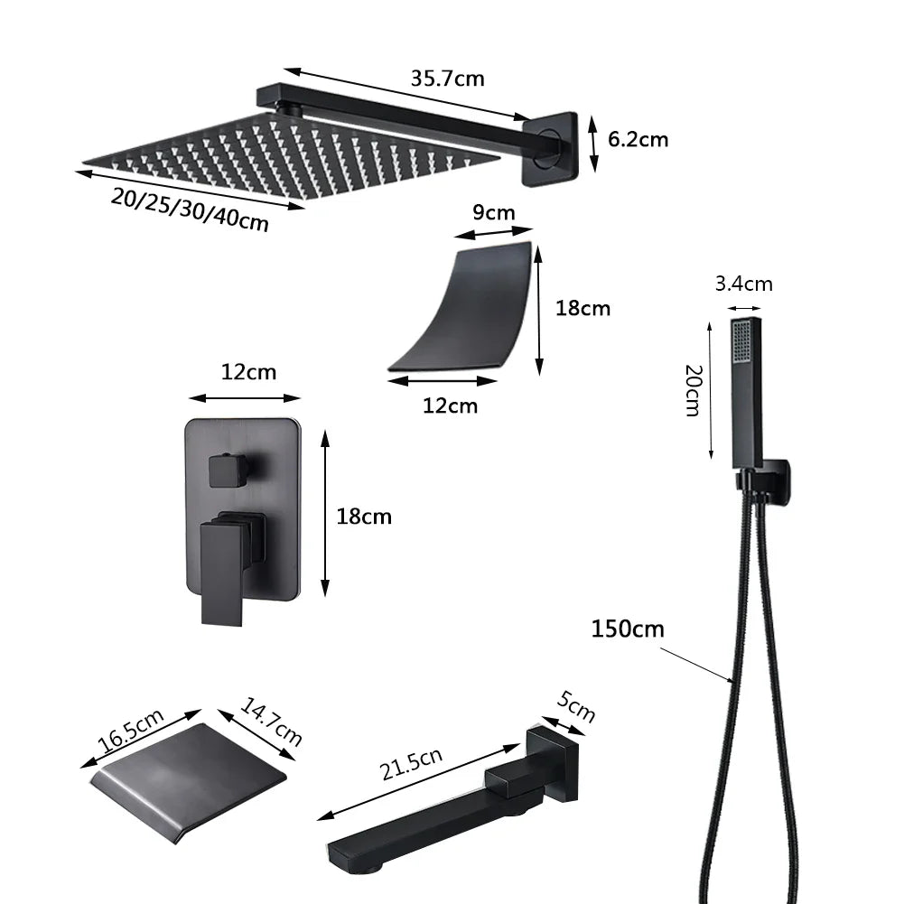 Rozin Matte Black Rainfall Shower System - Wall Mounted Kit