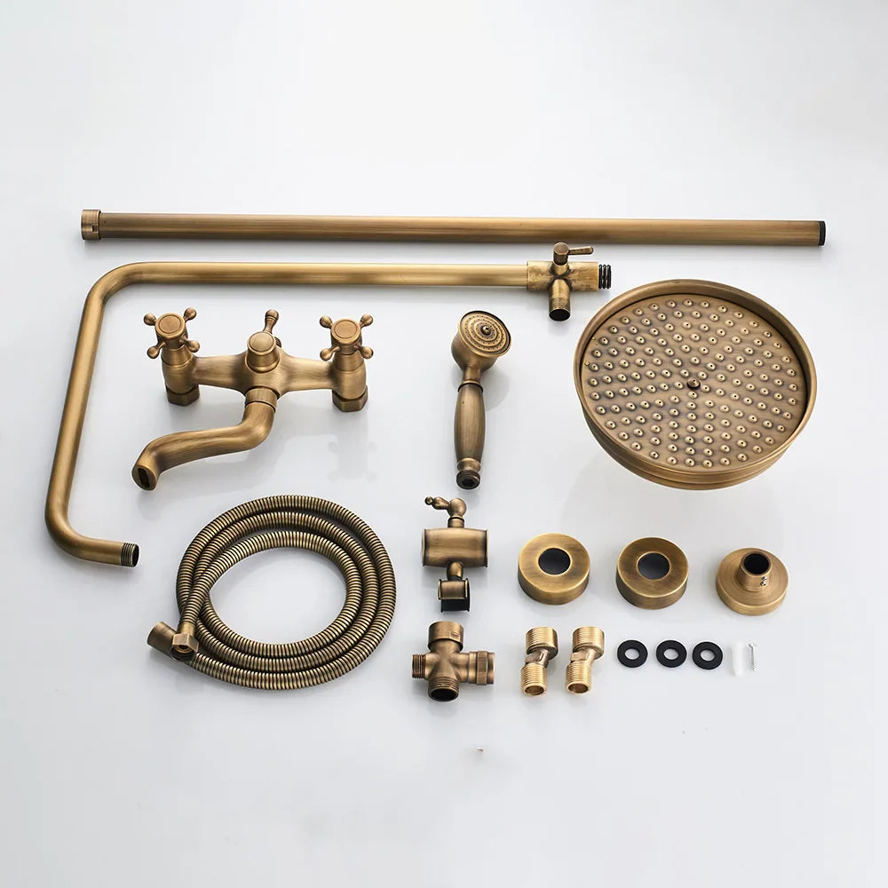 POIQIHY Vintage Rainfall Shower System - Antique Brass Wall Mount