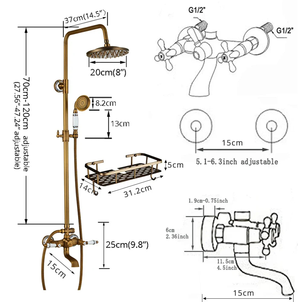 POIQIHY Vintage Rainfall Shower System - Antique Brass Wall Mount