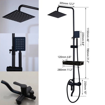 Matte Black Rainfall Shower System with Storage Shelf