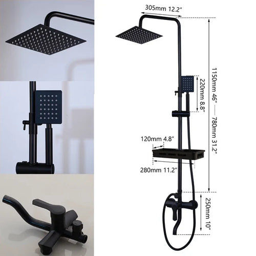 Matte Black Rainfall Shower System with Storage Shelf