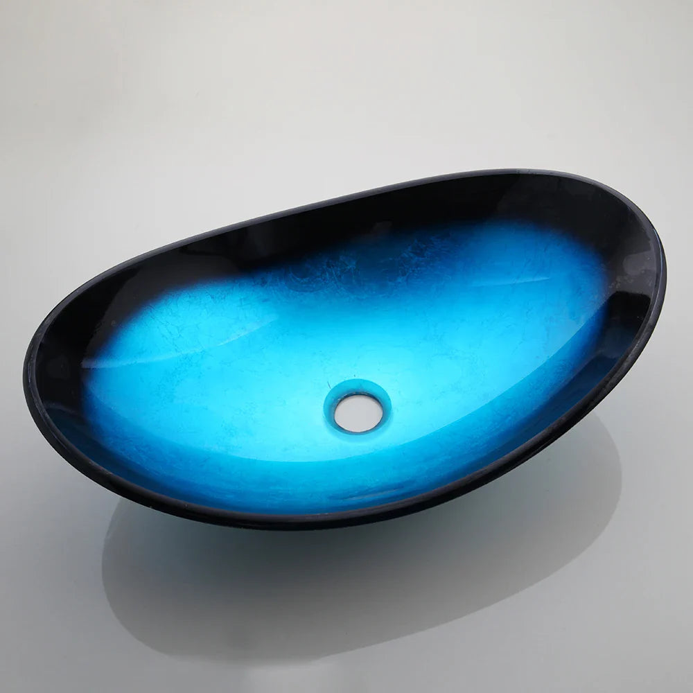 Blue Oval Tempered Glass Vessel Sink Set