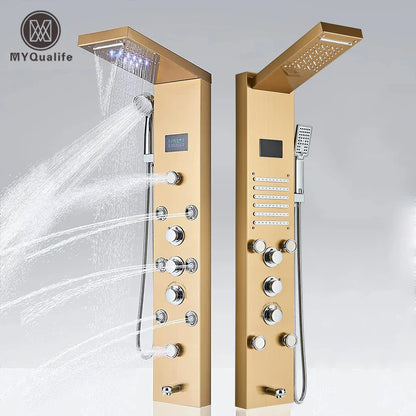 Aureum Luxe - Golden LED Shower Panel with Waterfall & Massage Jets
