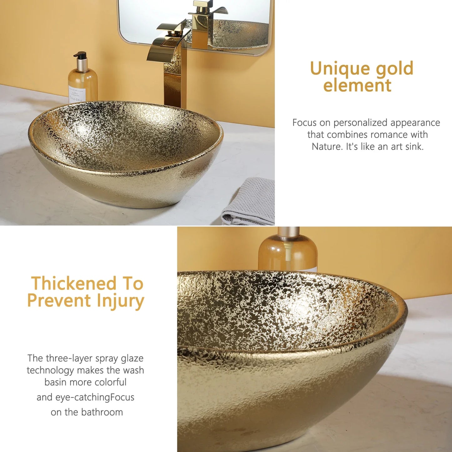Elara 16" Gold Oval Vessel Sink - Ceramic Above Counter Basin Set