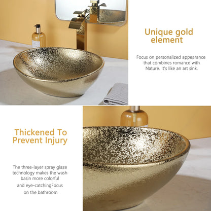Elara 16" Gold Oval Vessel Sink - Ceramic Above Counter Basin Set
