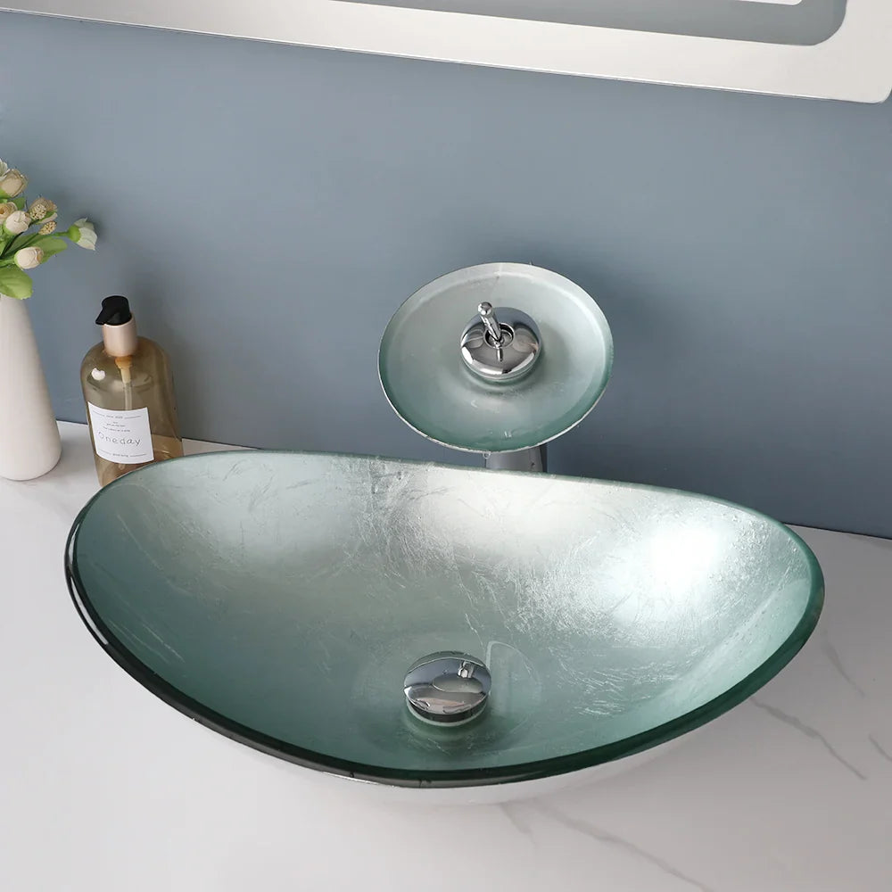 Argento Oval - Silver Tempered Glass Vessel Sink with Faucet