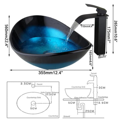 Blue Oval Tempered Glass Vessel Sink Set