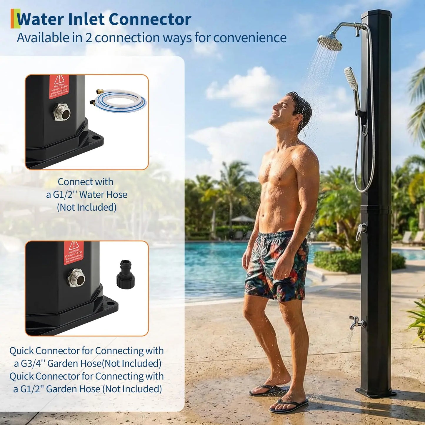 Solstice 9.3 Gal Solar Heated Pool Shower - Freestanding Outdoor Kit