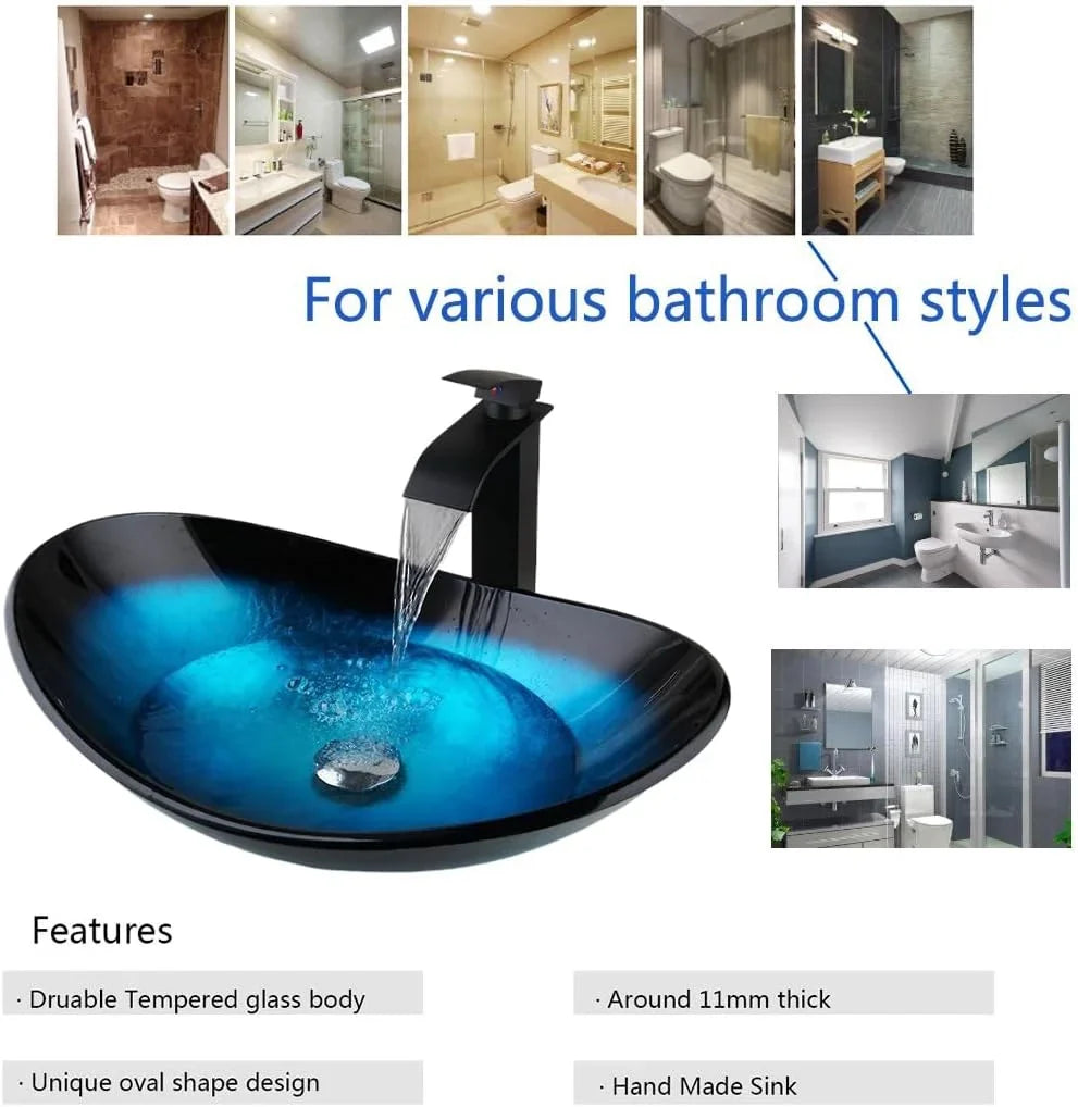 Blue Oval Tempered Glass Vessel Sink Set