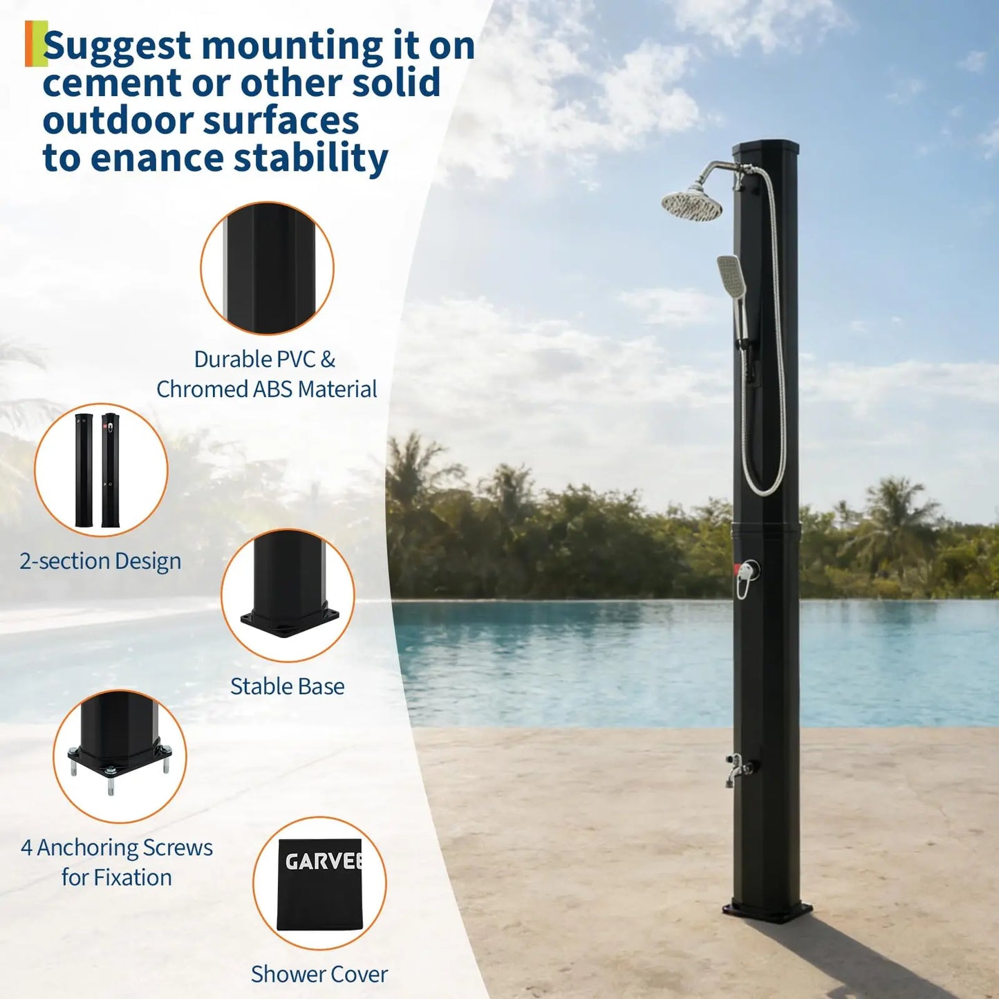 Solstice 9.3 Gal Solar Heated Pool Shower - Freestanding Outdoor Kit