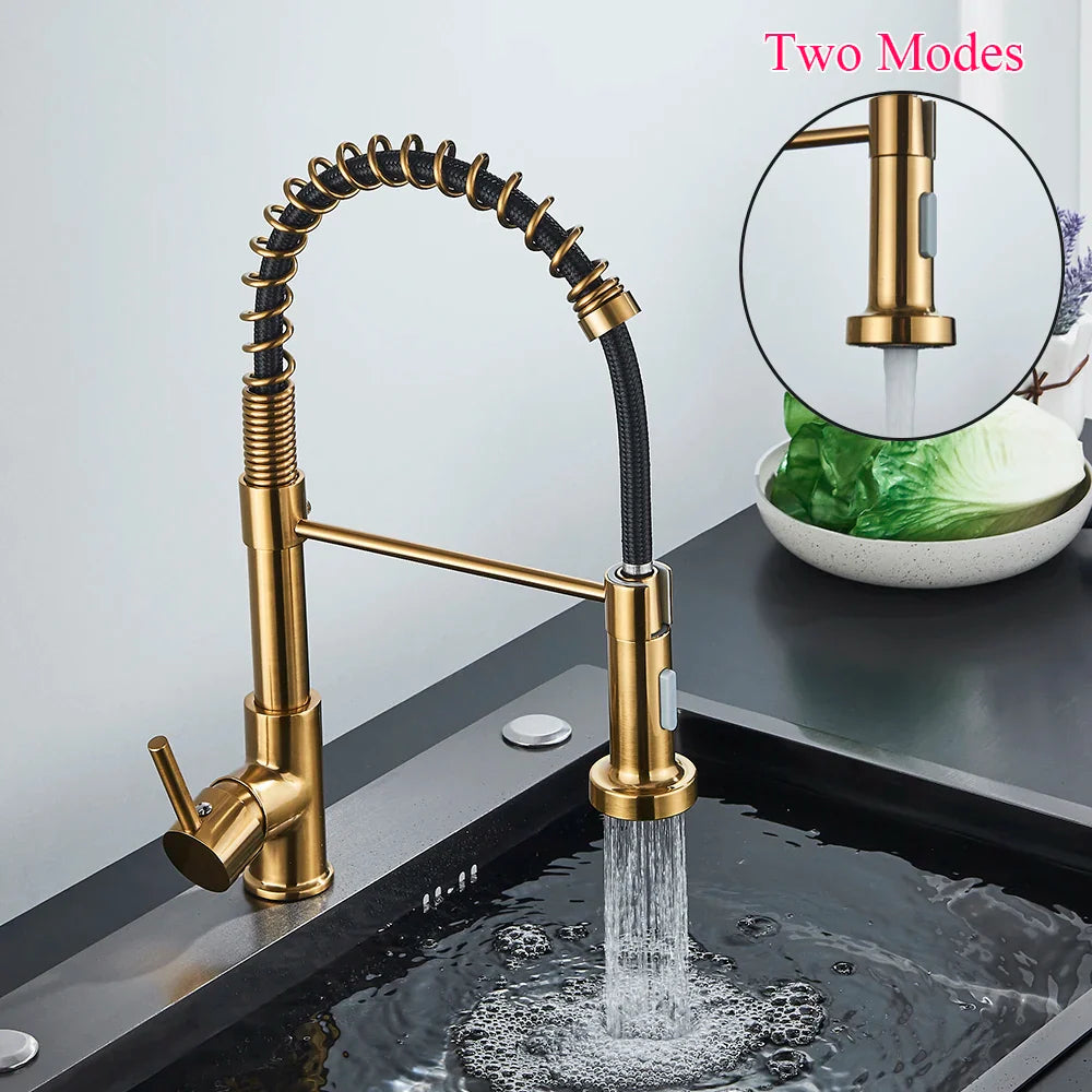 Spring Pull-Down Kitchen Faucet - Brushed Gold Mixer