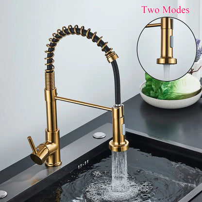 Spring Pull-Down Kitchen Faucet - Brushed Gold Mixer