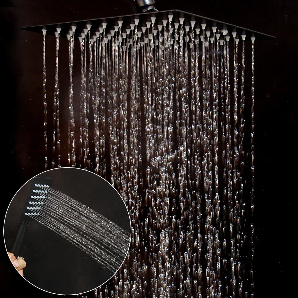 Matte Black Rainfall Shower System with Storage Shelf