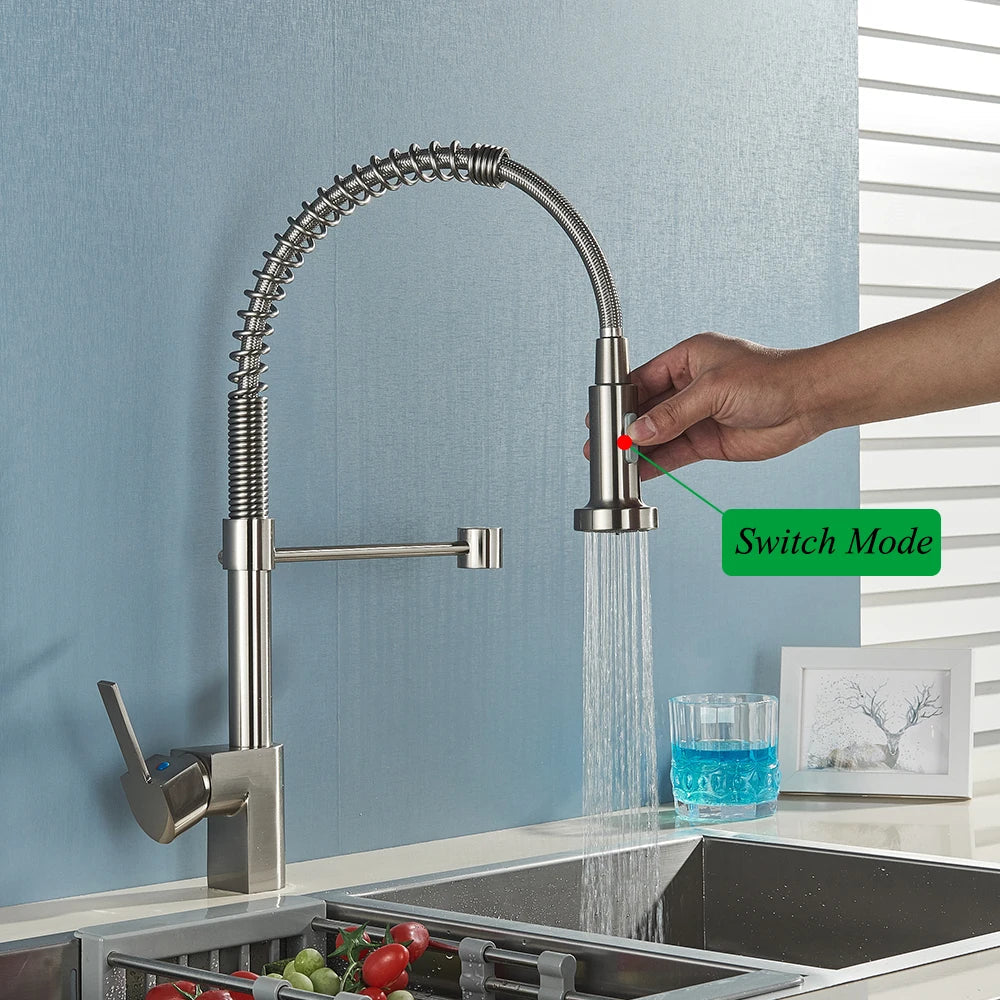Brushed Nickel Spring Kitchen Faucet with Sprayer